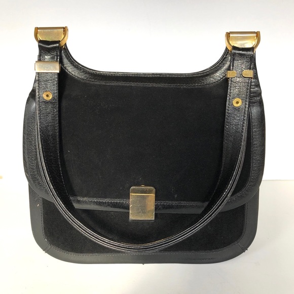 VTG Coblentz Convertible Black Suede Tri-Fold Handbag Shoulder Bag Gold Hardware - Picture 7 of 11